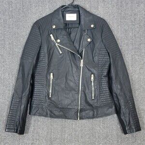 Geschallino Jacket Womens Large Black Faux Leather Moto Biker Crop Motorcycle